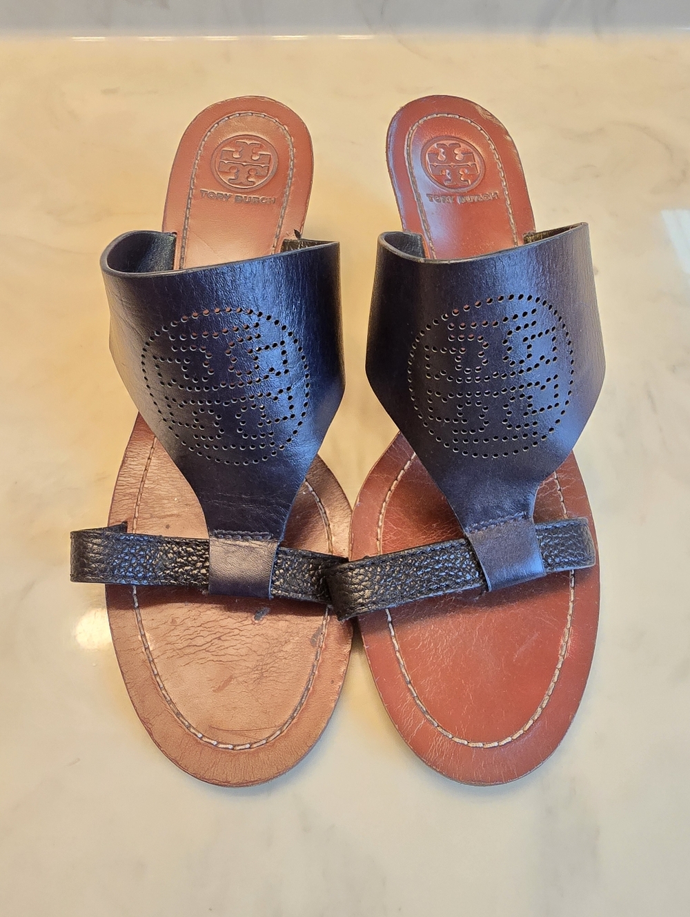 Tory Burch Dark Navy Blue Leather Wedge Sandals Size 7.5